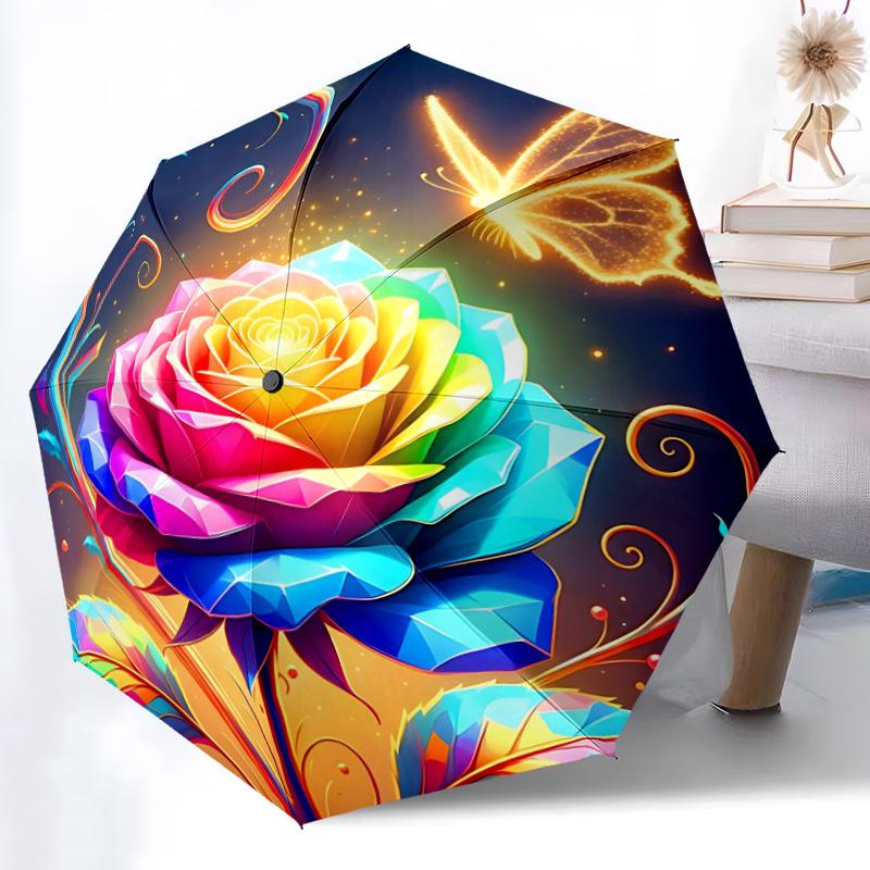 1pc Rainbow Rose Automatic Opening/Closing Folding Umbrella with 8 Ribs, Plastic Handle, Windproof Portable Sunshade Umbrella yy251222195