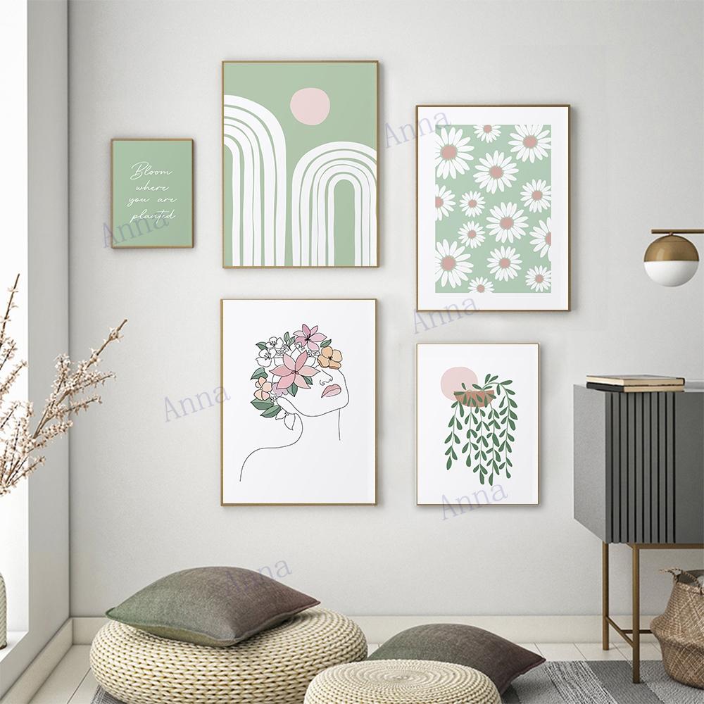 Botanical Gallery Poster Sage Green Blush Pink Leaf Sun Rainbow Canvas Wall Picture Art Abstract Boho Minimalist Decor Painting