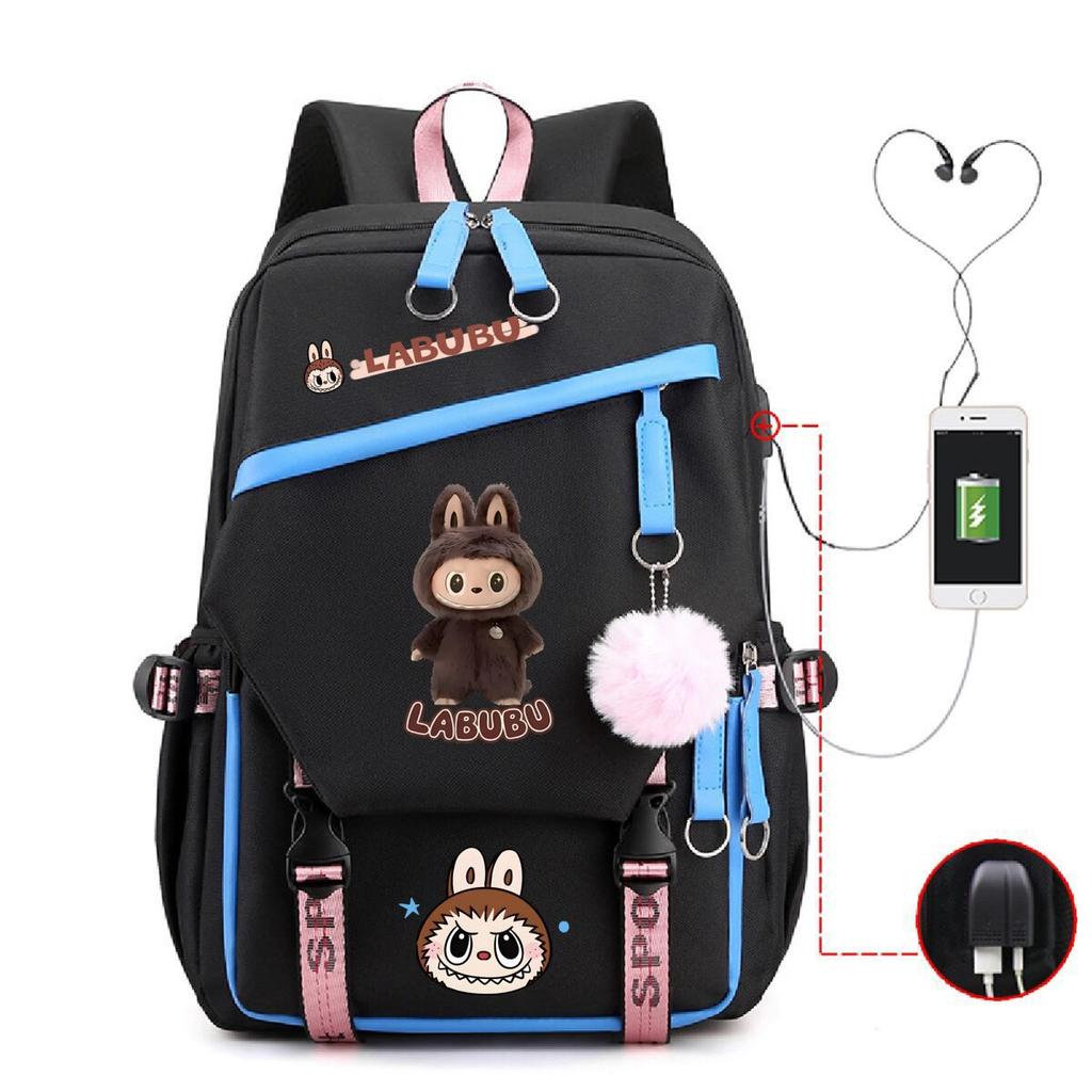 Labubu printed student schoolbag multi-function large capacity backpack with USB port