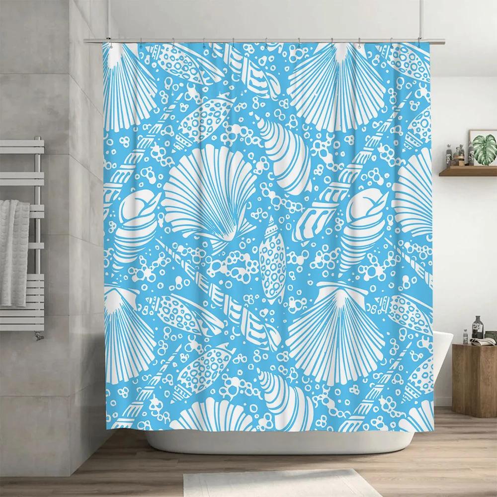 Modern Blue Shell Pattern Shower Curtain Waterproof Fabric for Bathrooms Decor in Home Garden