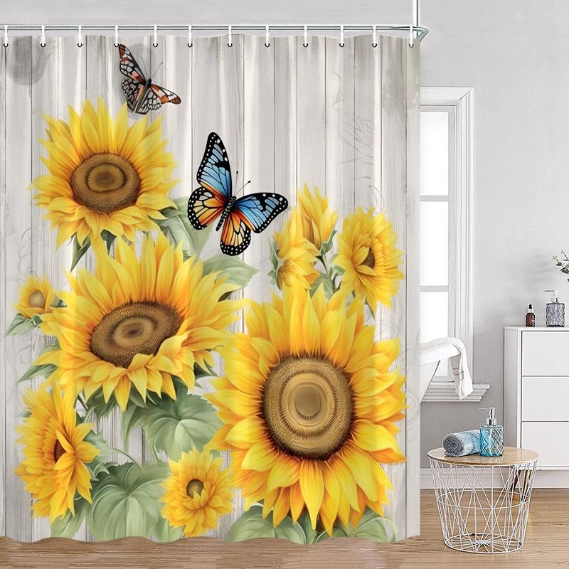 Floral Blue Butterfly Shower Curtain Purple Flowers Butterflies Plant Polyester Fabric Bathroom Decor Bath Curtains with Hooks