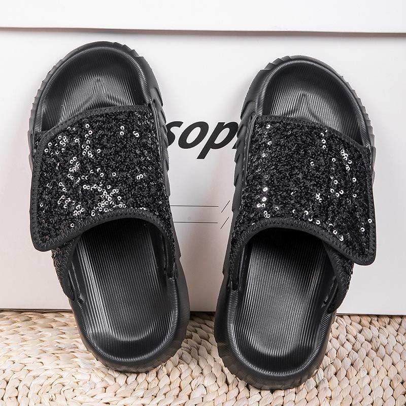 New Cool Slippers Women's Summer Outer Wear Sequins High-end Thick-soled Beach Sandals Lazy Pregnant Women One-word Drag