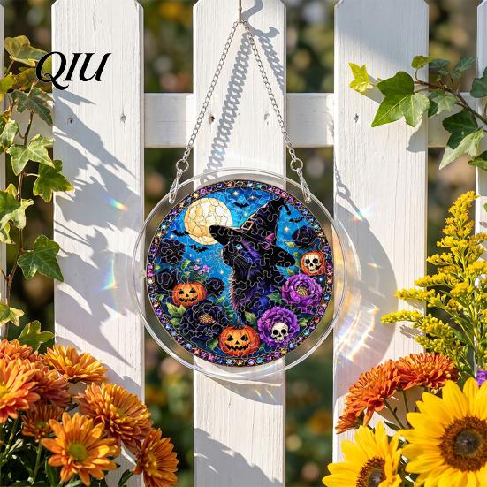 Acrylic Suncatcher Jigsaw Puzzle Suncatcher, Stained Glass Style Halloween Skeleton Ghost Relaxing Gift Sun Catcher for Gothic Window Wall Hanging