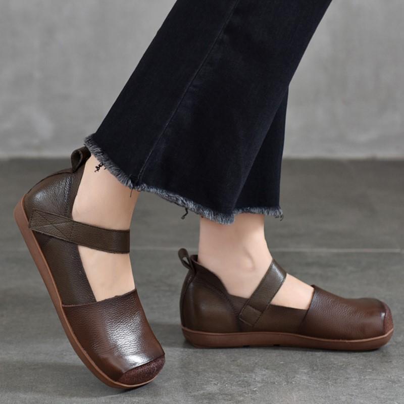 Johnature Retro Genuine Leather Square Toe Flat Shoes Soft Sole Handmade Solid Color Women's Shoes
