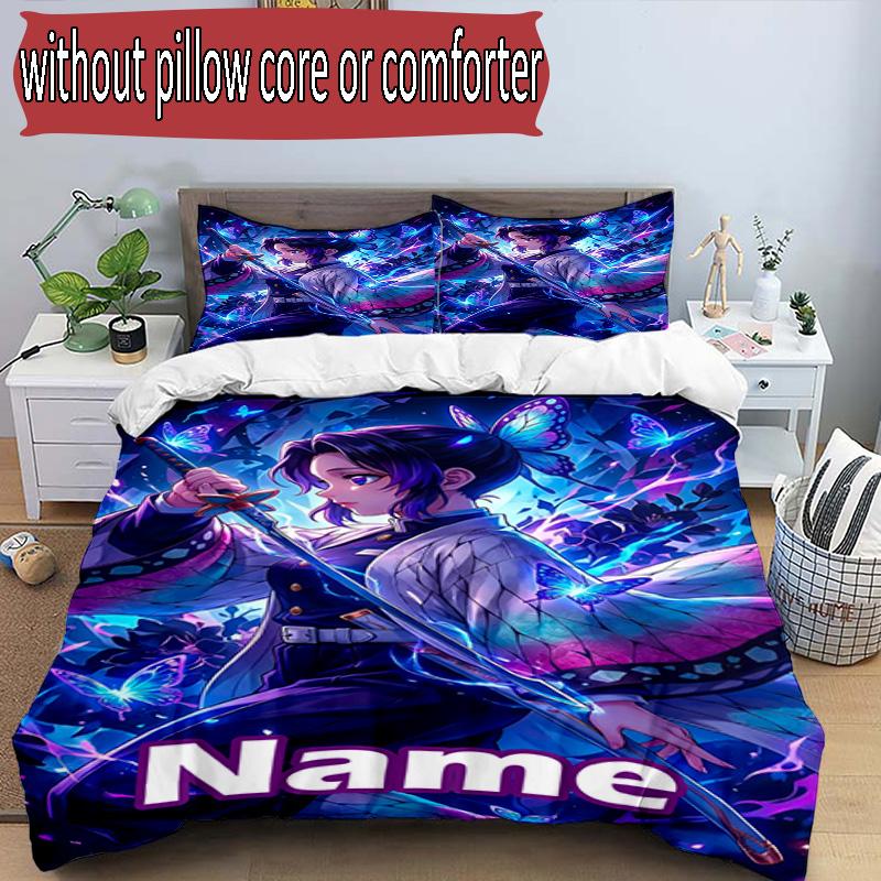 3pcs Duvet Cover Set (1*Duvet Cover + 2*Pillowcase, Without Core), Custom Name Demon Slayer Pattern Bedding Set, Home Bedroom Decor Gift