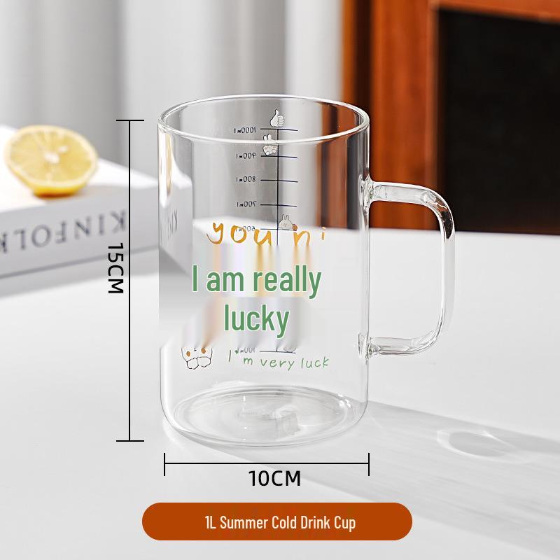 Heat-Resistant Cute Cartoon Glass Cup with Scale and Straw - Ideal for Home or Office Use 1000ml