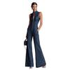 2026 Damen Retro Tiefblau Ärmellos Hoher Kragen Reißverschluss Vorne Eng Anliegend Denim Jumpsuit Gerades Bein