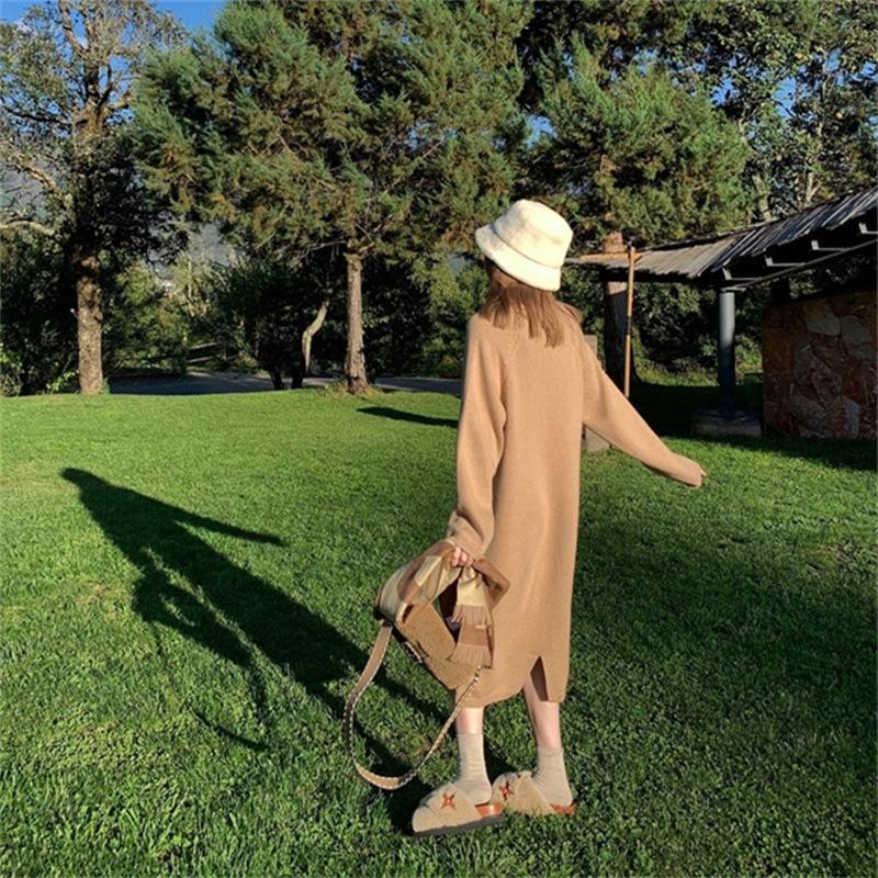 Autumn and winter new lazy wind sweater skirt loose fashion temperament V-neck knitted bottoming dress