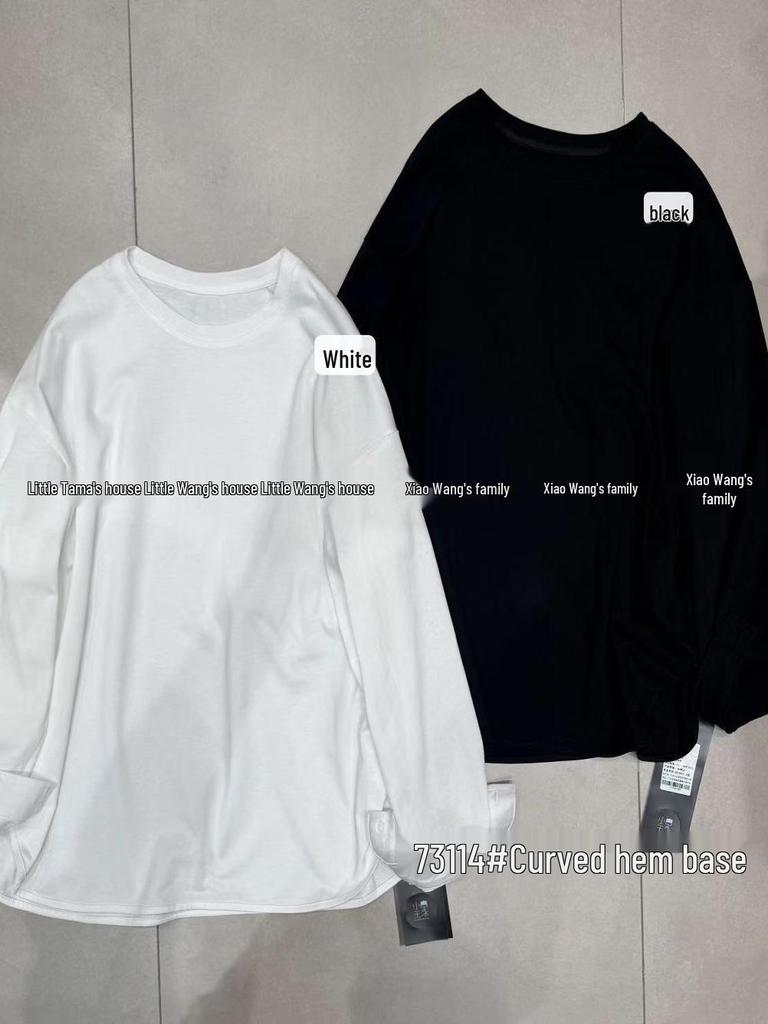 Xiao Wang's Spring 73114 Korean Loose Plus Size Casual Crew Neck Long Sleeve Solid T-shirt