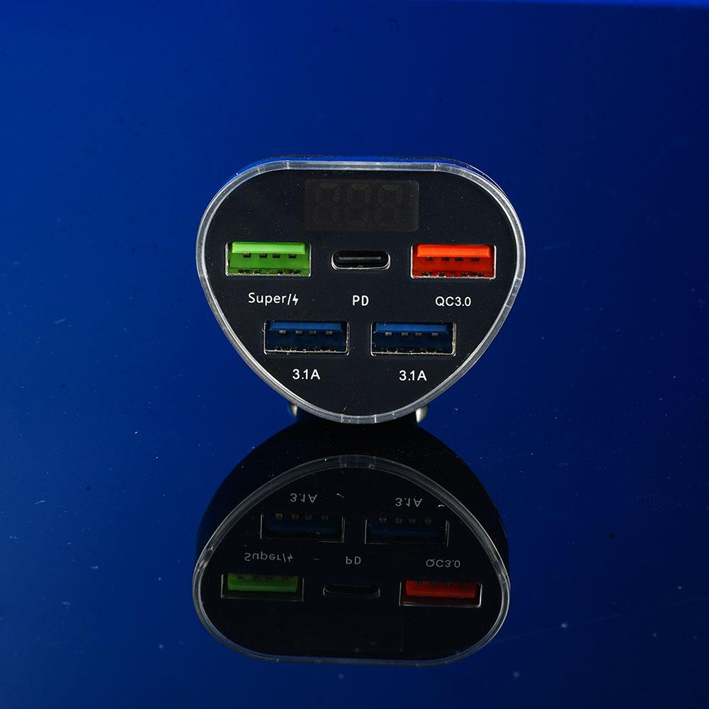Car Charger 66W Output Fast Charging Adapter PD QC3.0 5 Port 4 USB + 1 PD LED Display Monitor For Travel Car Electronics 1pc