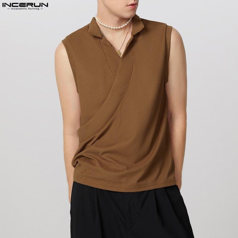 INCERUN Men Lapel V Neck Sleeveless Casual Front Cross Texture Tank Tops