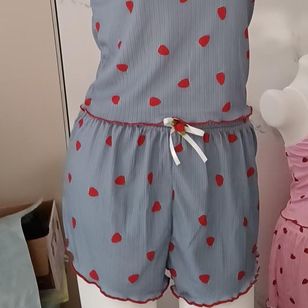 Women Pajama Set Lace Trim Camisole & Shorts – Sexy Strawberry Print Two-Piece Sleepwear Lounge Wear