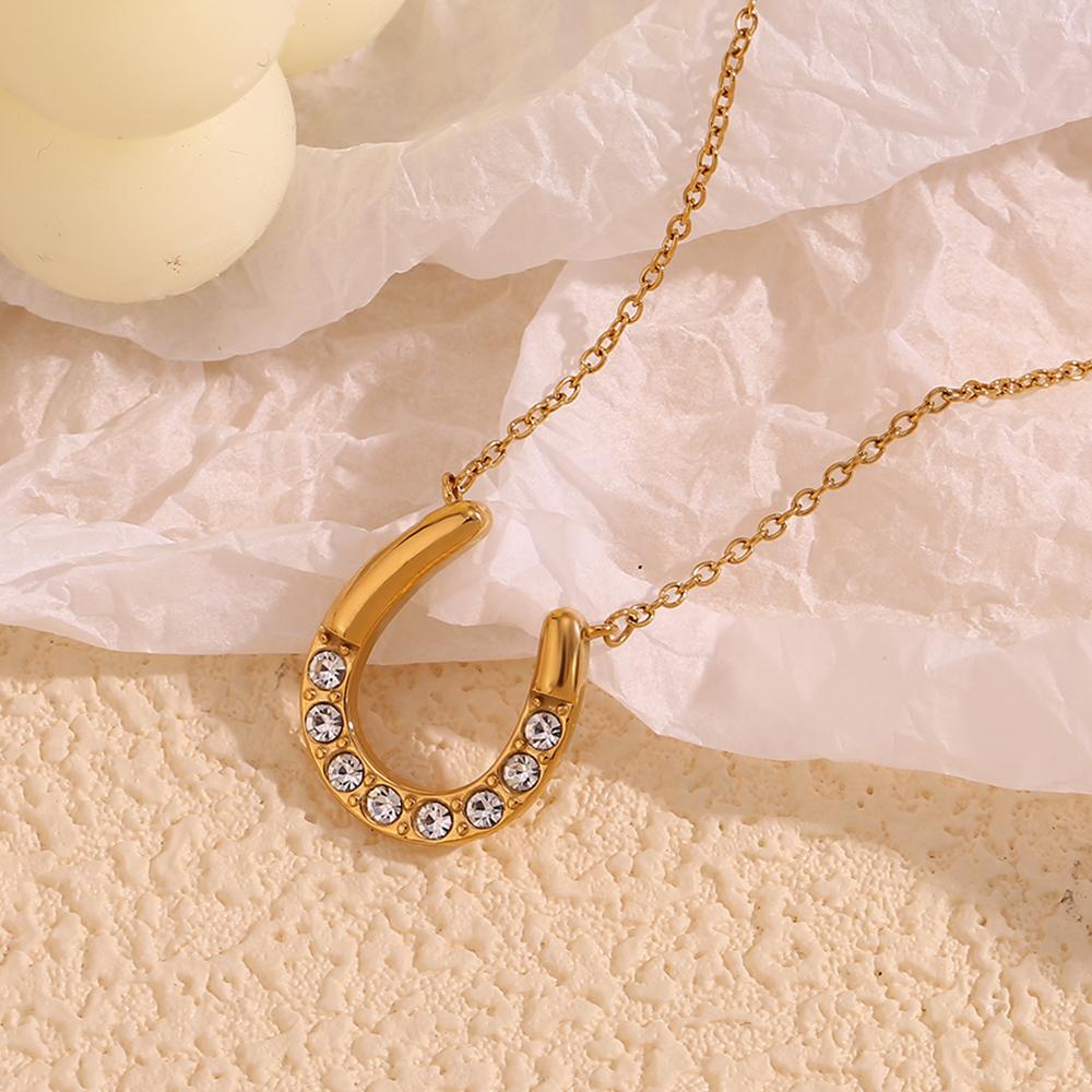 MamacitaSlay 18K Gold Plated Sparkling Horseshoe U-shaped Pendant O-chain Women's Stainless Steel Necklace Jewelry On The Neck