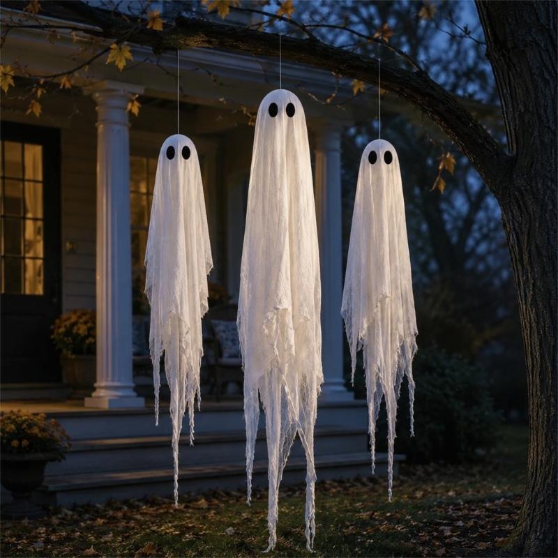 Halloween Hanging Figures Set of 3 with Lighted Design, White Gauze Porch Accent for Entryway Tree Area and Party Home Styling Theme