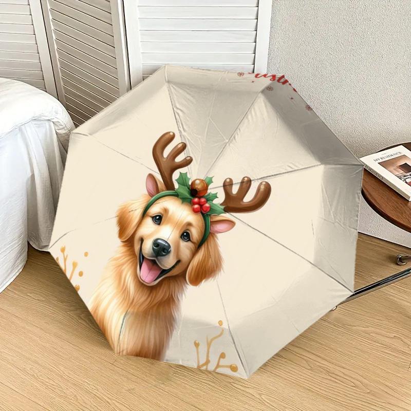 1pc Christmas Golden Retriever with Antlers Umbrella with Plastic Handle,Suitable for All Seasons Home Travel Outdoor UmbrellaDD228