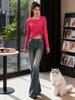 Spring 2026 Rose Red Slimming Drawstring Top & Wide Leg Jeans Set