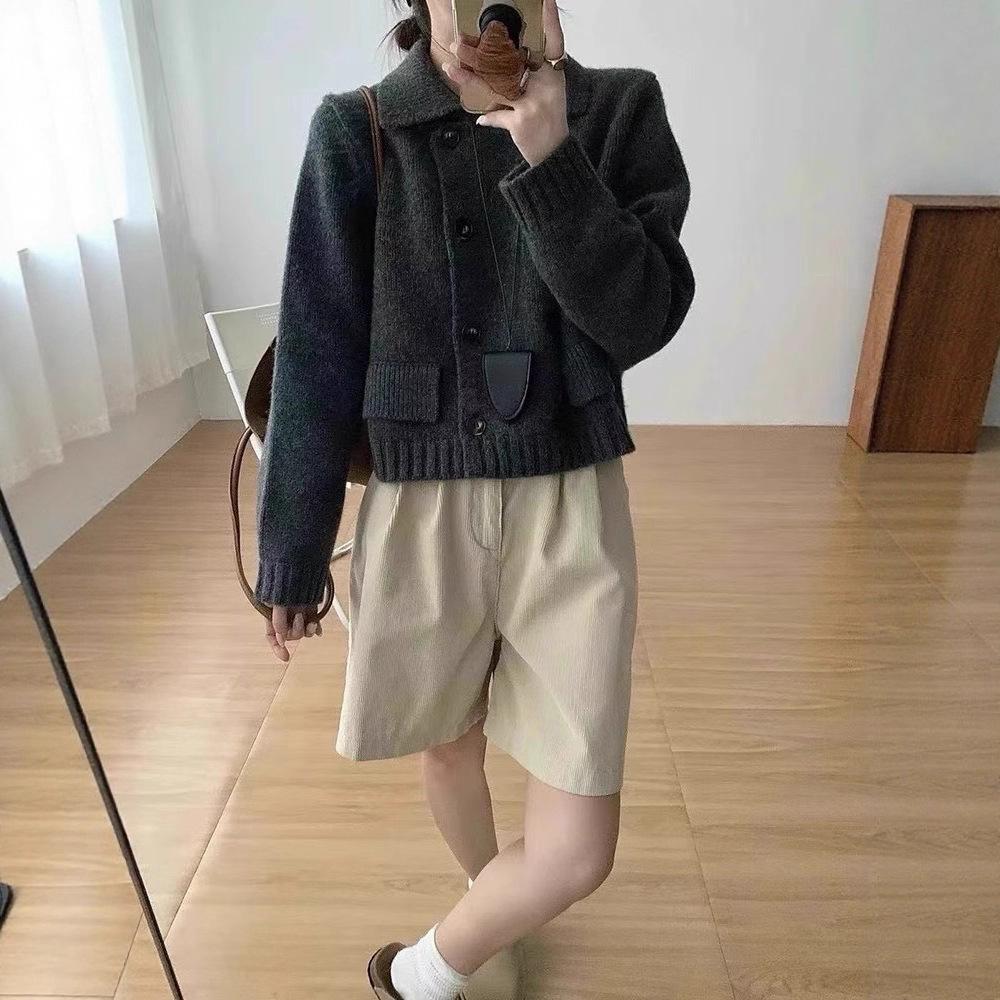 

Осень Зима двухбортный вязаный свитер короткий кардиган куртка свободный отложной воротник модные однотонные y2k свитера молодежные женские One Size