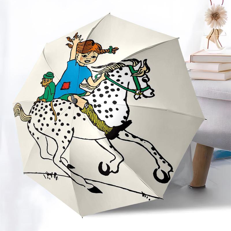 Pippi Longstocking Themed Travel Umbrella-8 Ribs Automatic Opening and Closing, Portable Folding Design, Compact and Stylish Umbrella Suitab