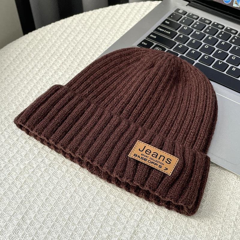 Coarse thread knitted hat children autumn and winter leather label letter wool hat big head circumference warm ear protection cold hat men