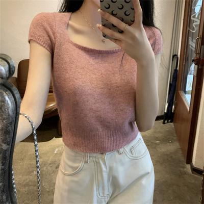 French Sweet and Spicy Short Sleeve Women's Summer New Pure Lust Style Slim Knit T-shirt Thin Square Neck Student Top