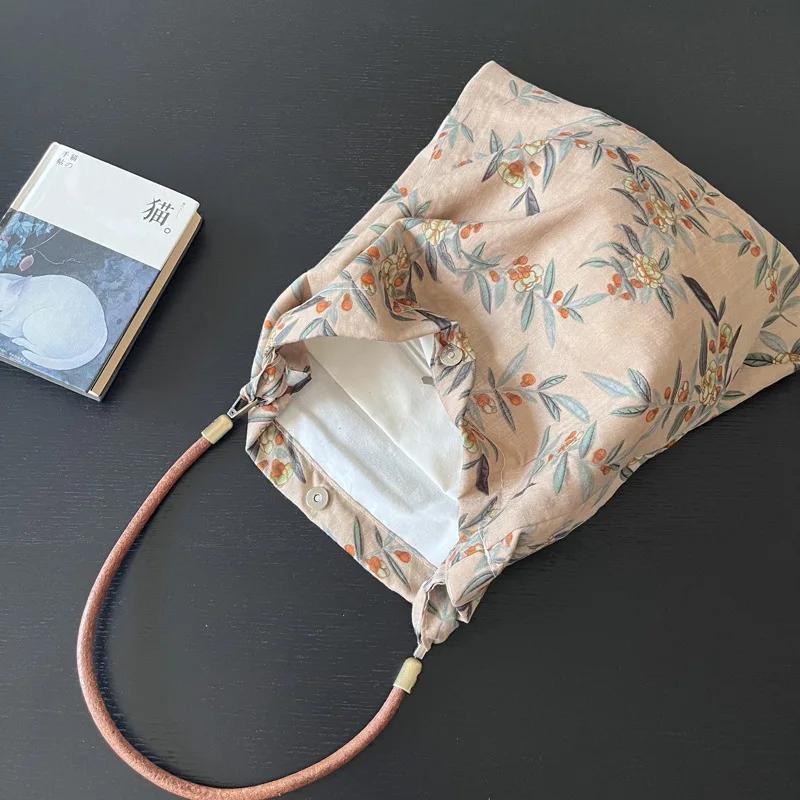 Retro Elegant Flower Women's Shoulder Bag Thin Cott Cloth Ladies Travel Shopping Bags Large Capacity Female Underarm Handbags