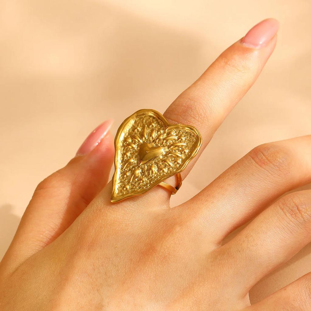 LATS Elegant Stainless Steel Big Bloom Flower Rings for Women 18K Gold-plated Open Rings Finger Jewelry Wedding Her Gift Punk