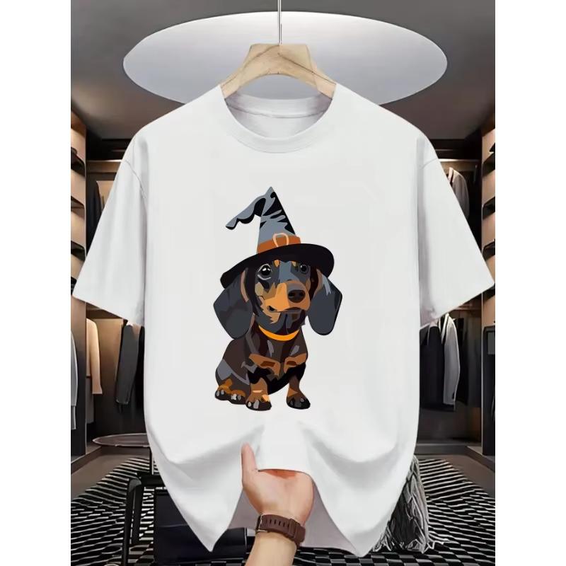

Футболка с графикой собаки в шляпе ведьмы и длинными ногами, хлопковая, повседневная, с круглым вырезом, оверсайз, на Хэллоуин, летняя модная футболка с принтом 4XL