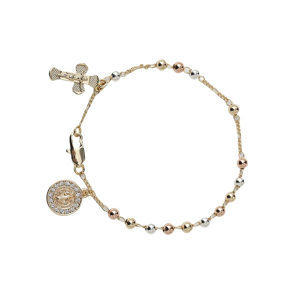 Gold Plated Saint Benedict Rosary Chain Bracelet Religious Jewelry Gift Catholic Metal Bracelet With Crucifix