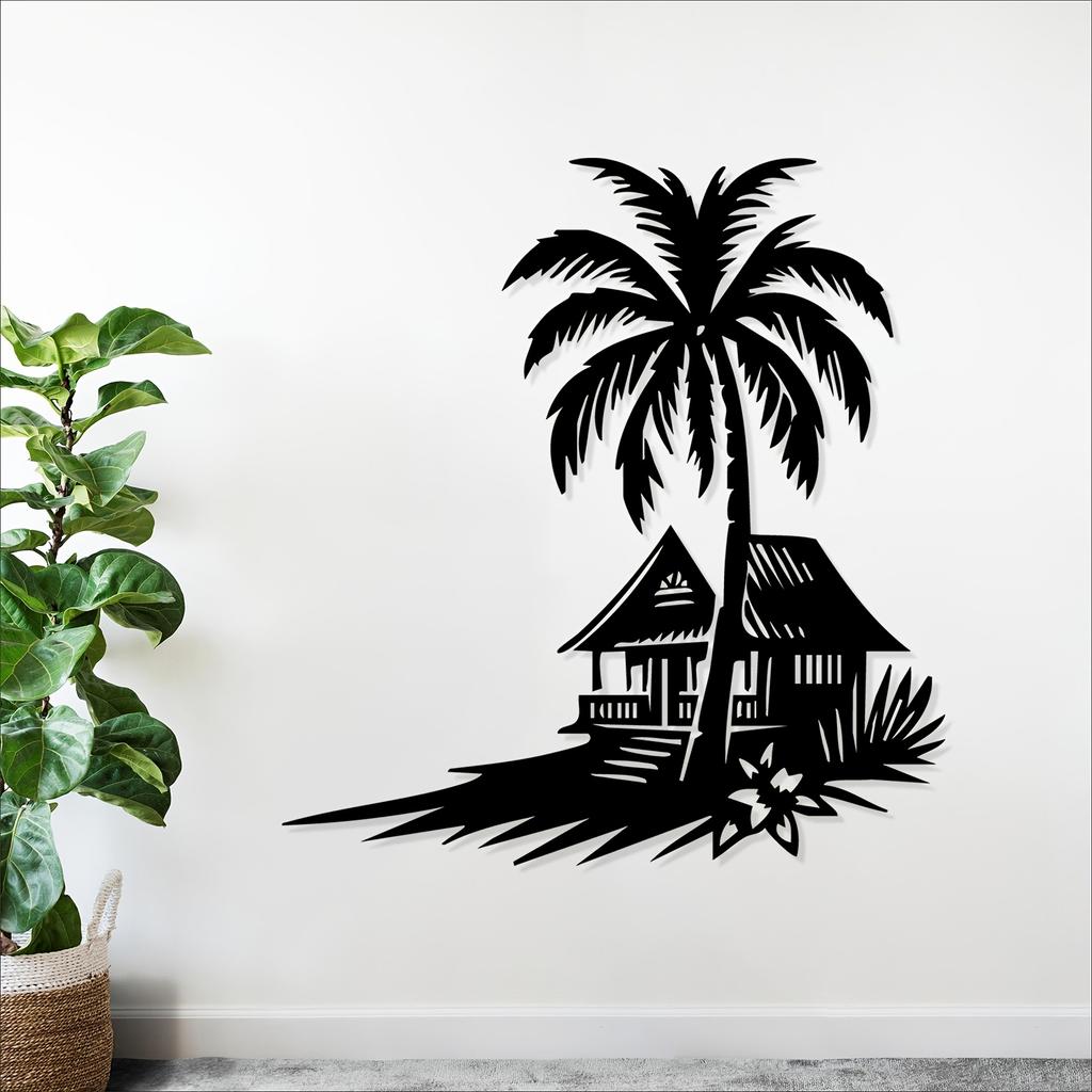 1pc Tropical Coconut Tree Hut Metal Wall Art Weatherproof Iron Patio Garden Decor Beach House Outdoor Sculpture Holiday Gift