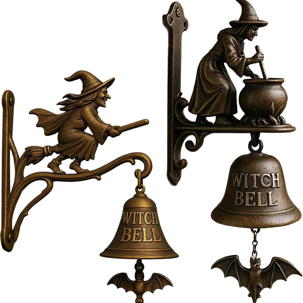 Dzwonek do drzwi w stylu vintage – Żelazny dzwonek wiszący na drzwi na Halloween z czarownicą, Zewnętrzny dzwonek dekoracyjny na werandę, ogród, drzwi wejściowe, Gotycki wystrój czarownicy