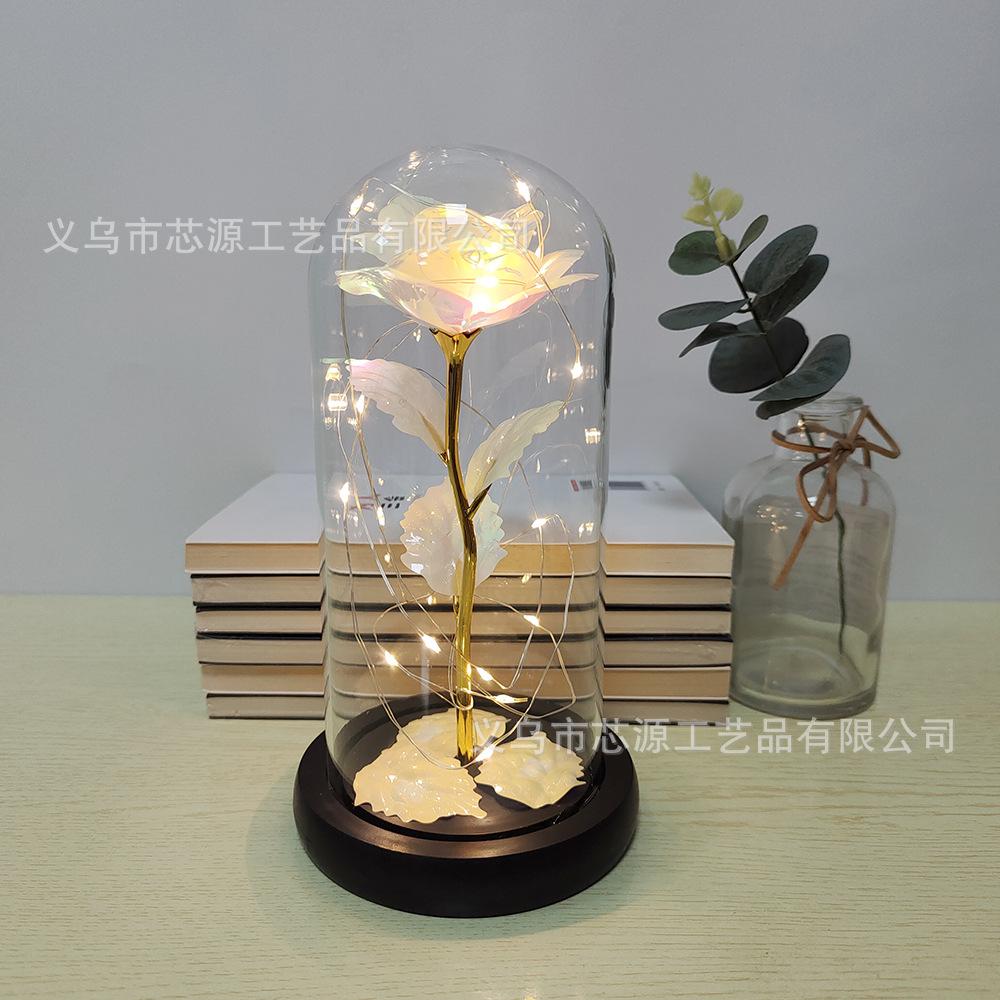 Fabrika Altın Yaprak Gül Çiçek Cam Kapak LED Lamba Simülasyon Çiçek Sevgililer Günü Hediyesi Yaratıcı Hediye Dekorasyon Süsleri