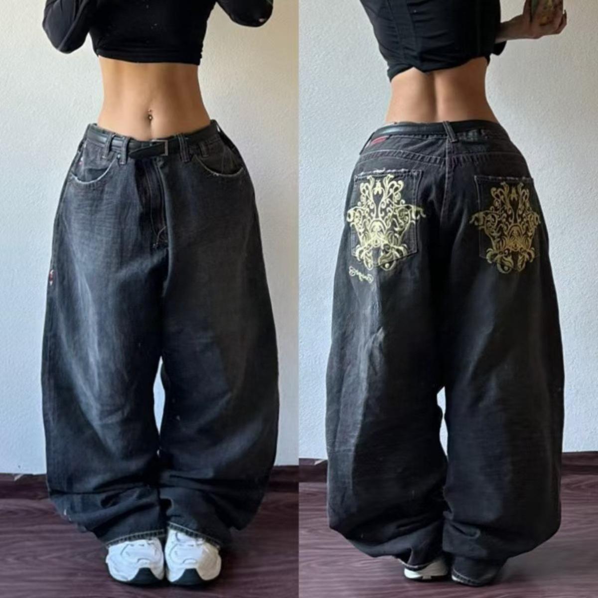 

ZYLLO Y2K Trendy Retro Classic Pocket Skull Pattern Straight Denim Trousers American Gothic Washed Wide-leg Denim Loose Pants S
