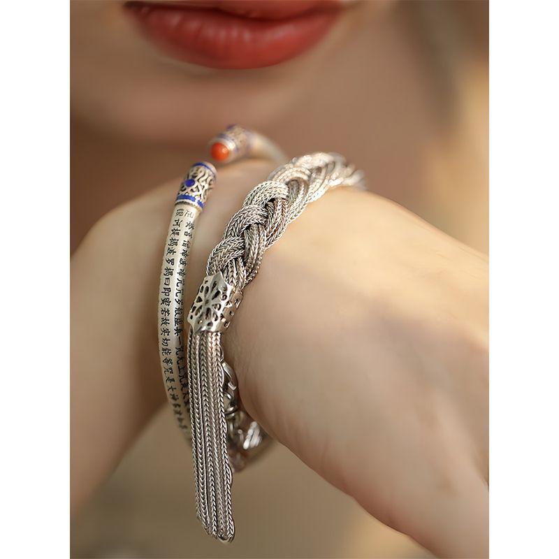 S925 Silver Cable Stitch Bracelet for Women 2025 New Arrival Special-Interest Design Mild Luxury Retro Ethnic Style Woven Tassel Carrying Strap