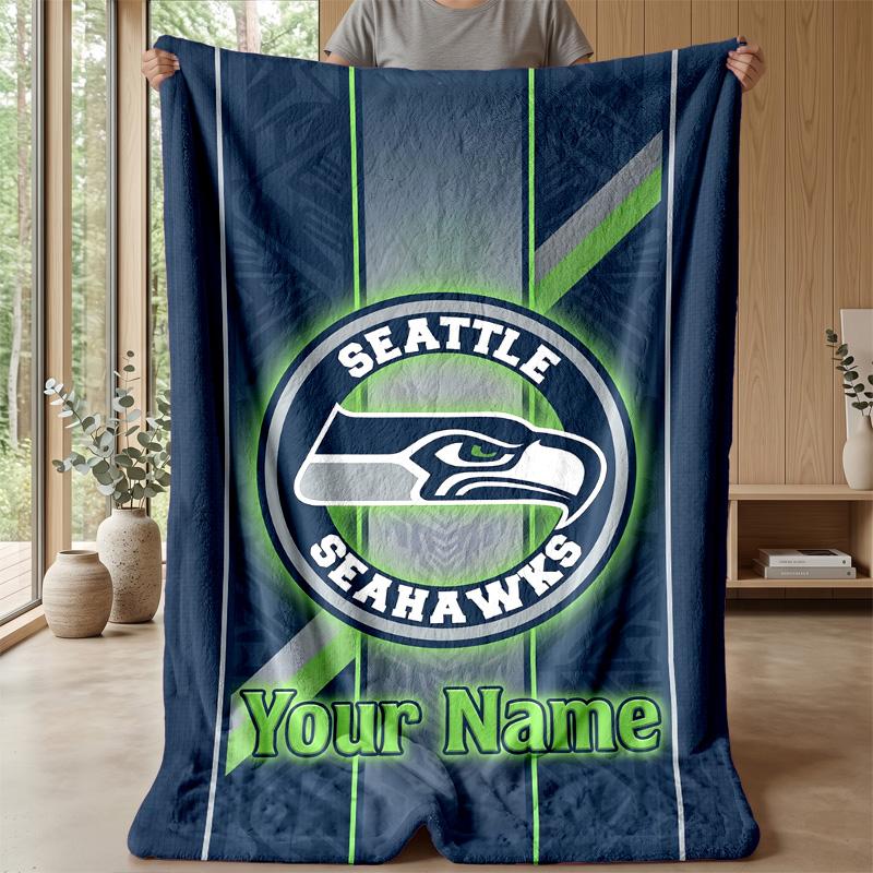 Seattle Seahawks Custom Flannel Throw Blanket Print Your Name Text Soft Warm Blanket Holiday Present