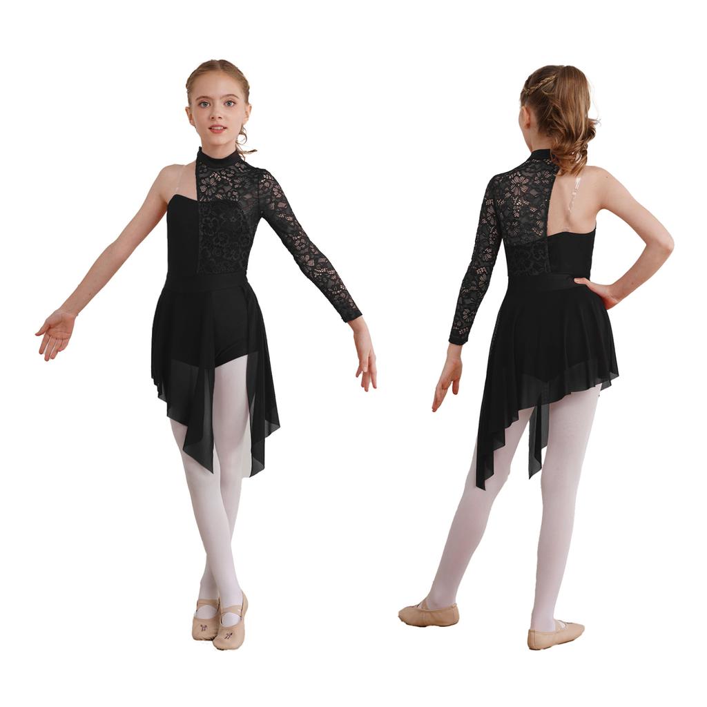 Child Girls Lyrical Dance Dress Ballroom Dancing Costumes Gymnastics Leotard with Asymmetrical Skirt for Figure Skating Dance Wear
