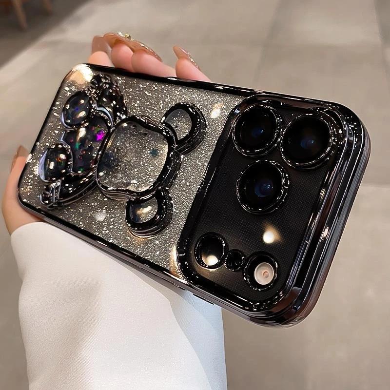 Niedliche Vergoldung Treibsand Bärenhülle für iPhone 17 16 15 14 13 12 11 Pro Max Plus Air Luxus Glitzer Bling Kameraschutzhülle