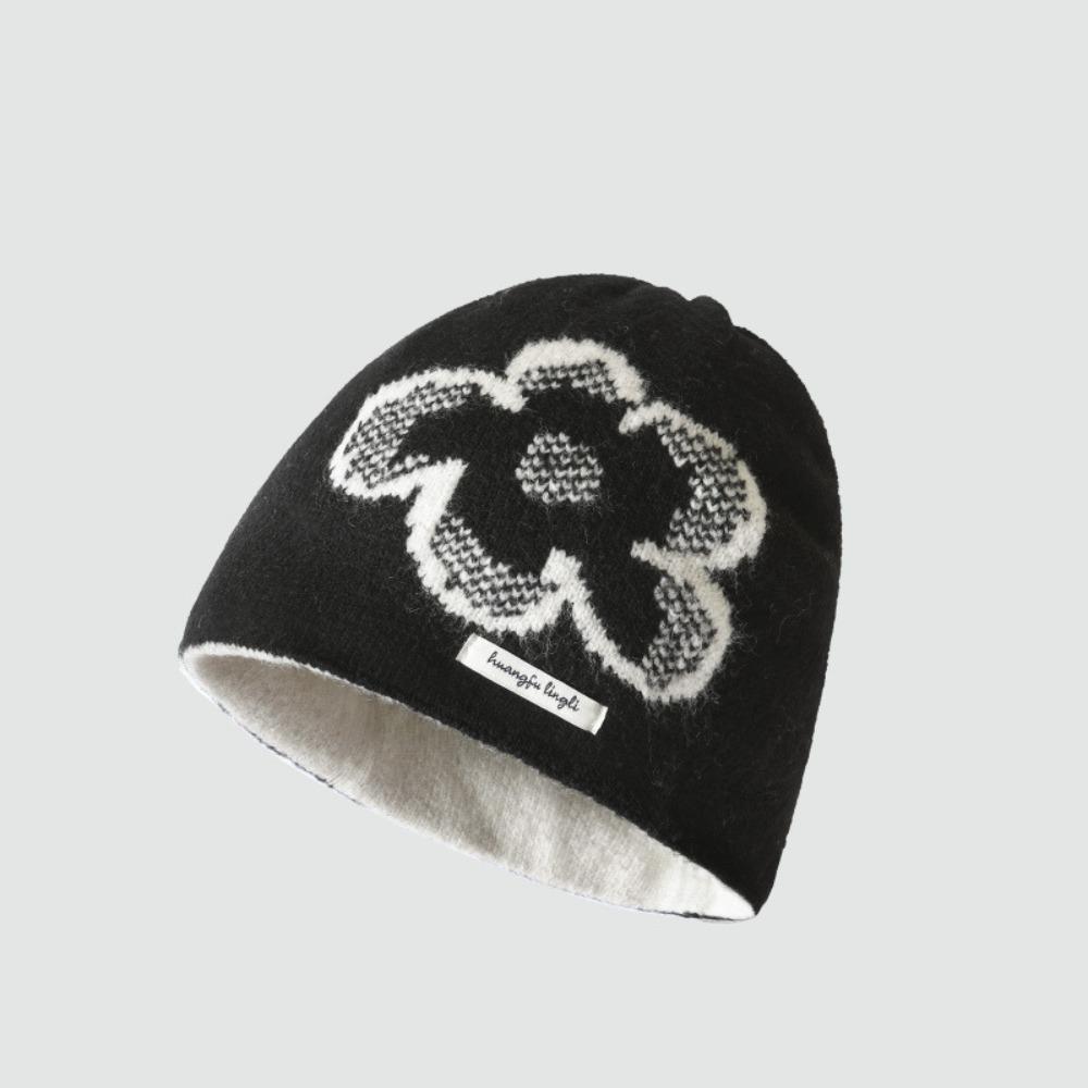 Warme Fair-Isle-Mütze, Wollstrickmütze mit Print, modisches Blumen-Jacquard-Strickmuster, Wintermütze