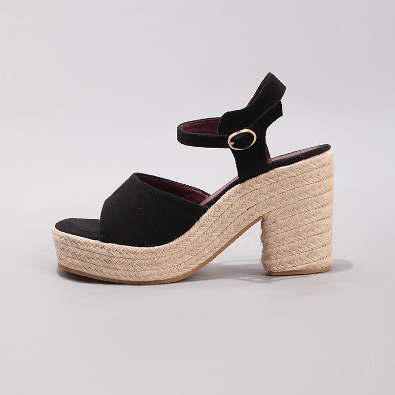 

Hemp rope slope heel platform sandals word with casual fashion versatile summer waterproof high heels European and American style super high heel 43 чёрный