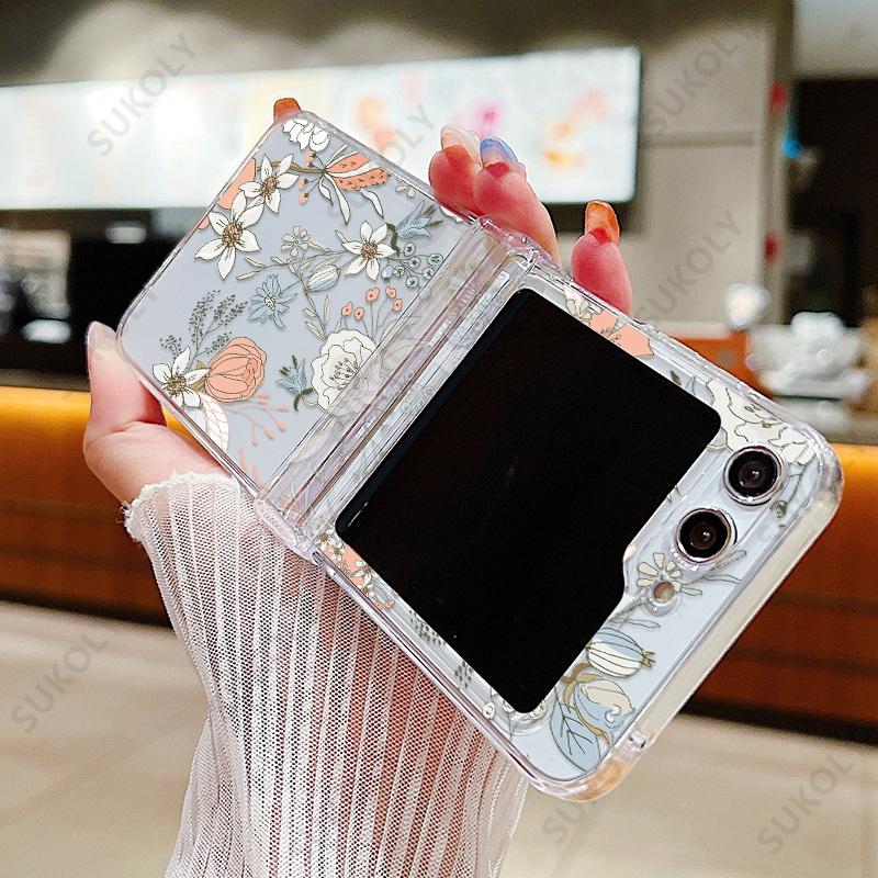 

Для Samsung Galaxy Z Flip 6 5 4 3 5G чехол для телефона цветочный узор складной прозрачный жесткий чехол для Samsung Galaxy Z Flip5 Flip6 For Samsung Z Flip5