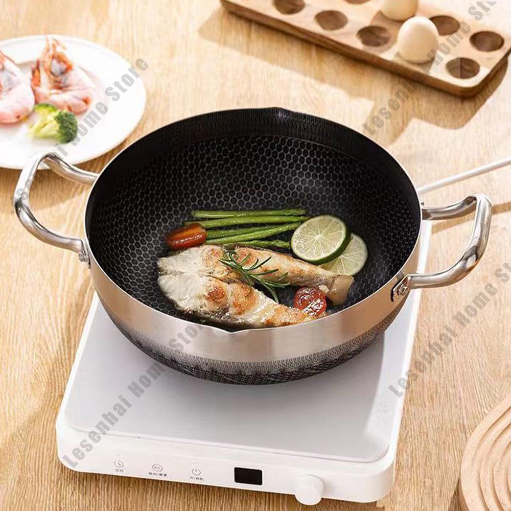 Non-Stick Egg Frying Pan Stainless Steel Soup Pot Honeycomb Induction Cooker Gas Stove General Durable Kitchen Cookware 30Cm Wok