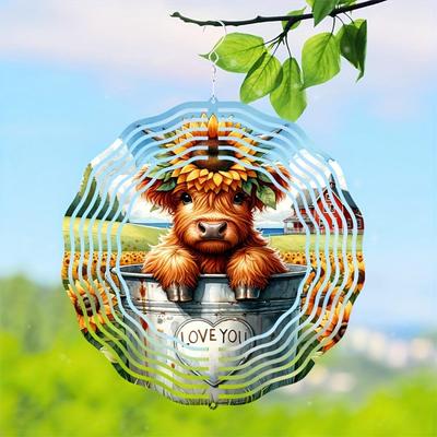 Hochlandrind Windspiel, Edelstahl Hängender Metall Windfänger mit Feder Sonnenblumen, Kinetische Skulptur für Innen-/Außendekor