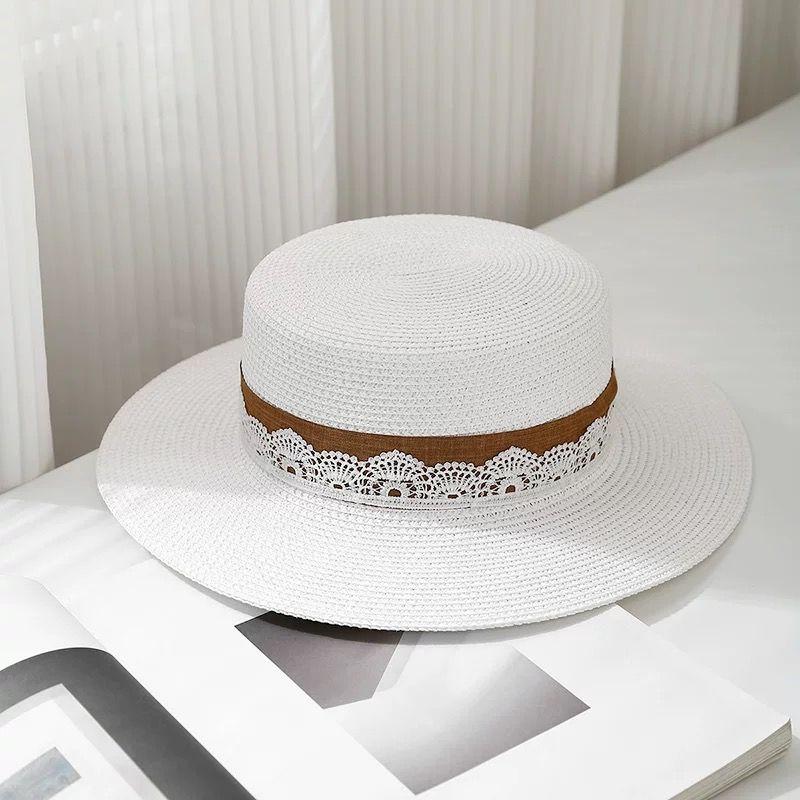 

Flat Top Woven Lace Sun Hat for Sun Protection Summer Outings Beach Vacations Straw Hats 55-58cm