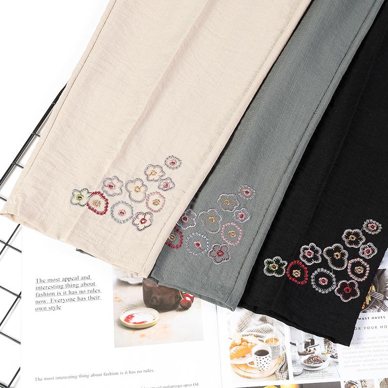 Plus Size Embroidered Women's Straight Leg Pants Summer High Waisted Breathable Women's Retro Korean Elastic Waist Pants