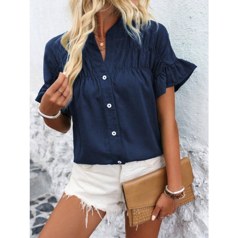 YYFS Women's Fashion Casual Summer Spring Solid Color Print Short Sleeve V-Neck Blouses & Shirts