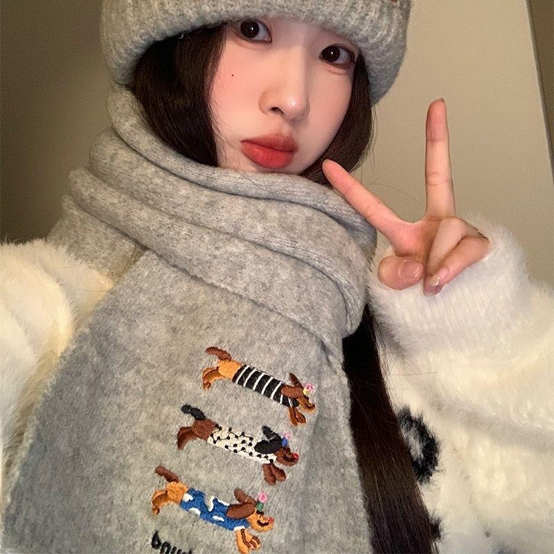 Niedlicher Welpe Neu Gestrickter Drei Dackel Bestickter Woll-Wollschal für Damen im Herbst und Winter Weich und Vielseitig