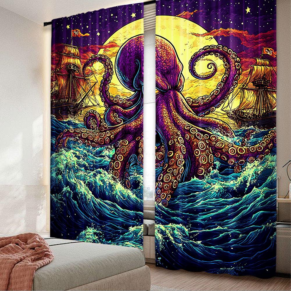 2Pcs Cartoon Octopus Curtain Japanese Style Curtain Suitable For Living Room Bedroom Kitchen And Bathroom