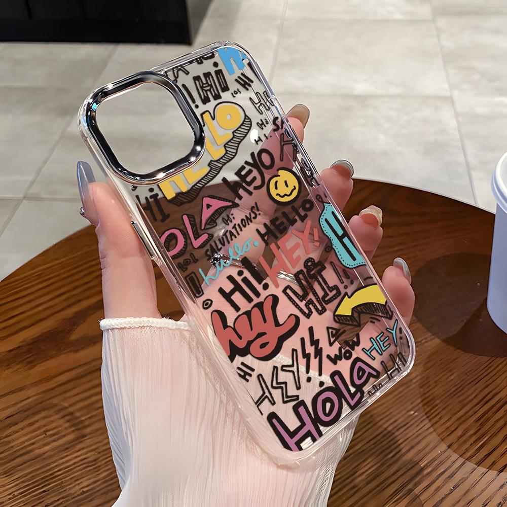 Cartoon Travel Graffiti Phone Case For iPhone 17 Pro Max Air 16 15 Pro 14 13 12 11 Shockproof Silicone Cover Silver Lens Frame