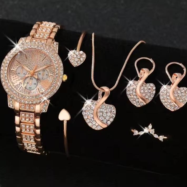 Ladies Watch Set Steel Belt Full Diamond Premium Quartz Watch Temperament Business Leisure Watch