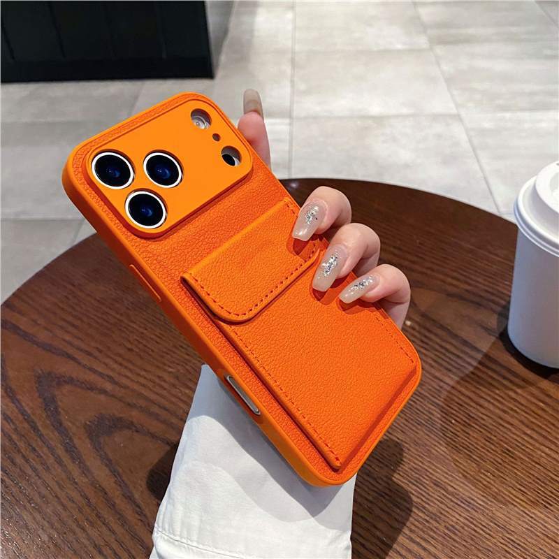 Applicable to iPhone17PROMAX mobile phone case, lychee leather pattern card bag bracket, advanced Apple 16 anti-drop protective case.