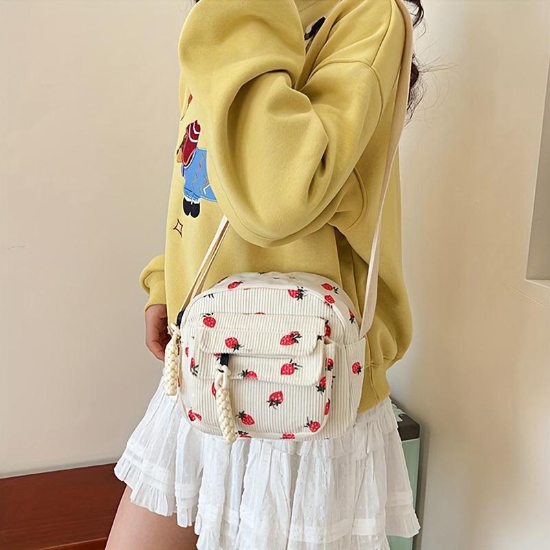 A Lovely Grassy Shoulder Bag, Strawberry Pattern, Multi-pocket Phe Bag, Casual Crossbody Bag, Women's Makeup Bag, Student Bag.